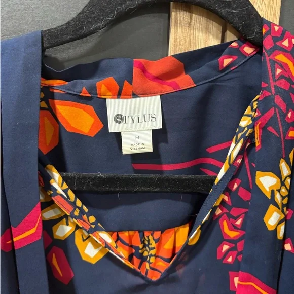STYLUS Navy Floral Tie-Neck Blouse with Orange & Pink Blooms - Picture 3 of 5